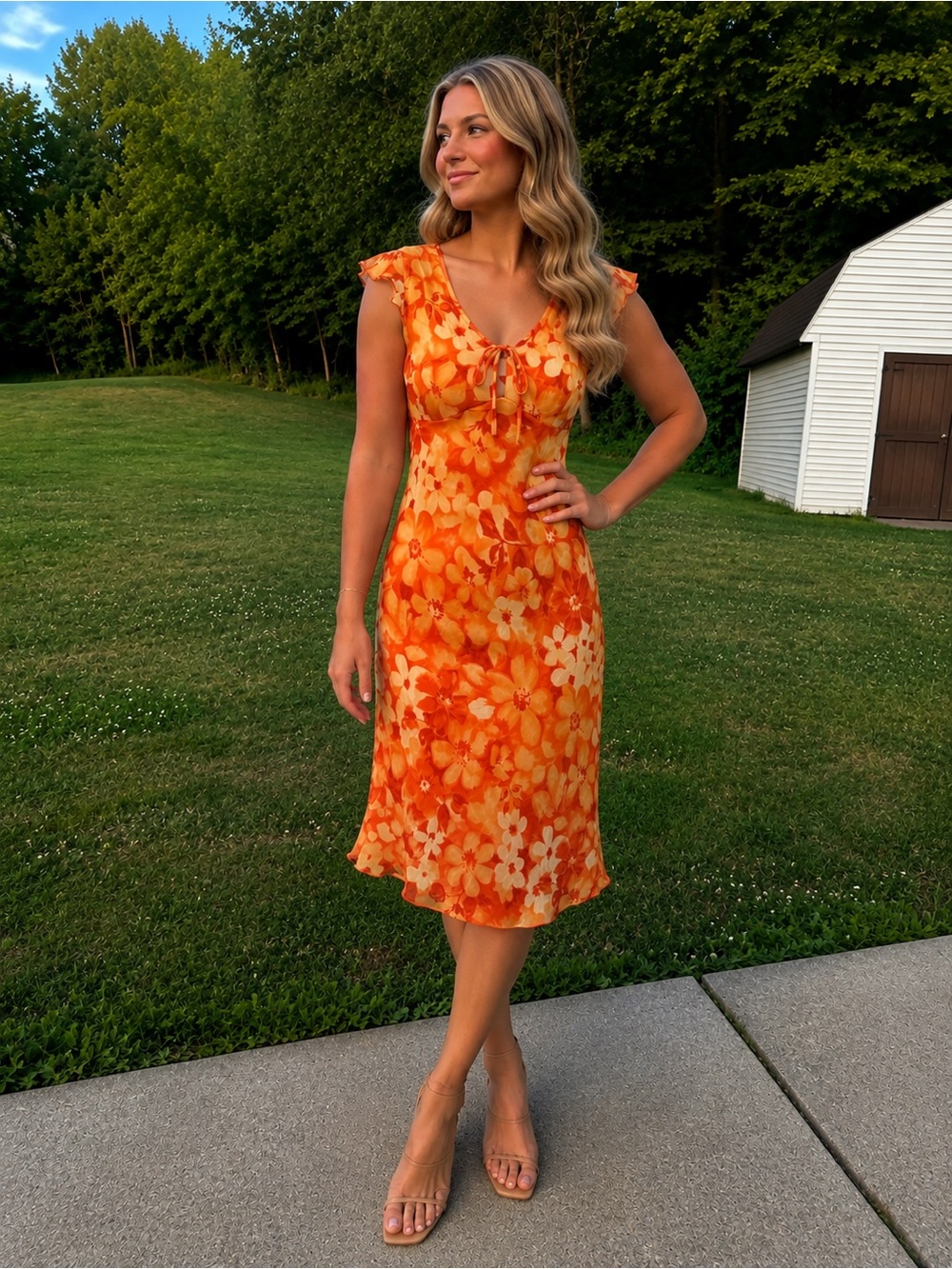 Iz Byer Orange Floral Tie-Front Midi Dress